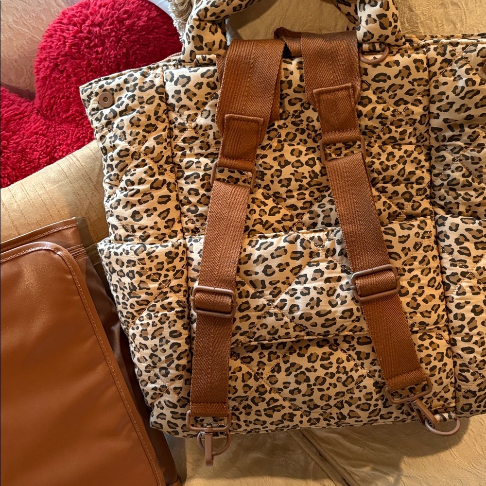 Leopard Print Quilted Beis backpack/tote diaper bag. - Picture 2 of 4